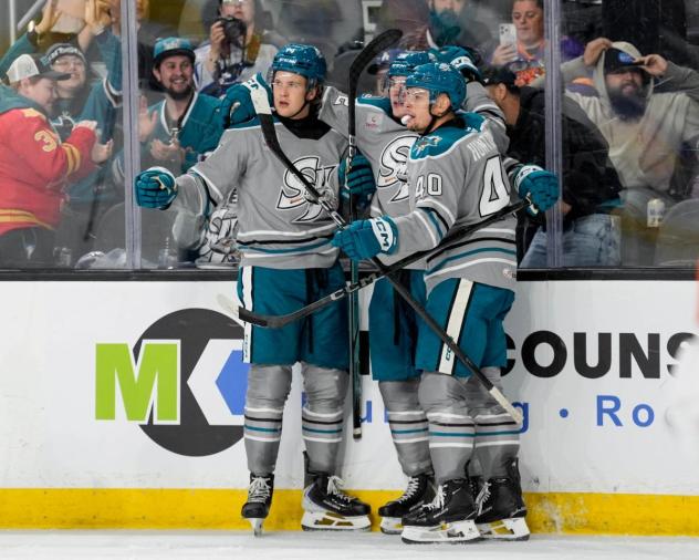 San Jose Barracuda gather following a goal