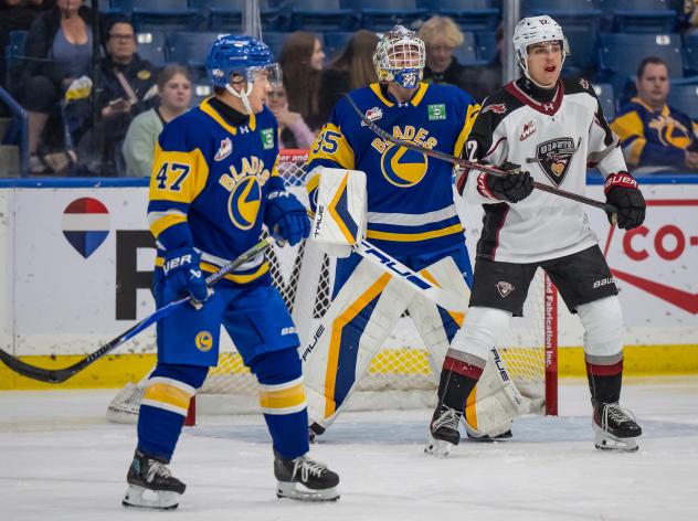 Vancouver Giants defenceman Colton Alain vs. the Saskatoon Blades
