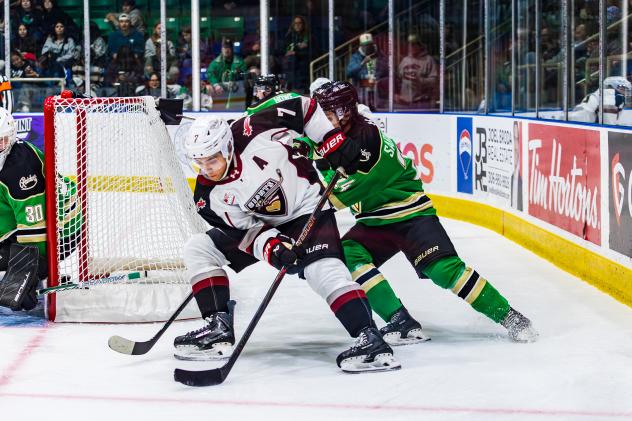 Vancouver Giants right wing Ty Halaburda battles behind the net