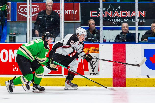 Vancouver Giants left wing Tobias Tomik (right) against the Prince Albert Raiders