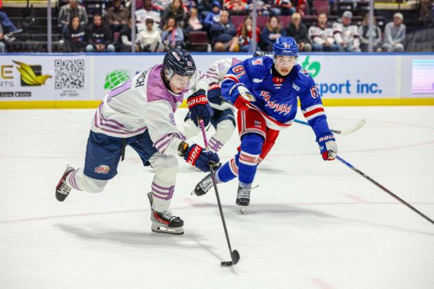 Saginaw Spirit right wing Liam Storch with the puck vs. the Kitchener Rangers