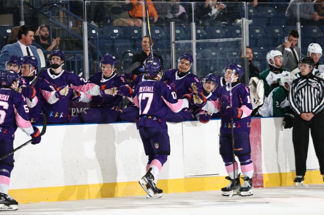 Youngstown Phantoms' Jack Hextall congratulated by team