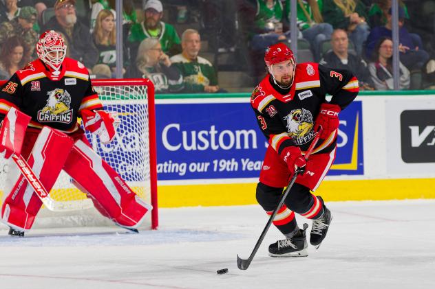 Grand Rapids Griffins' Michal Postava and Justin Holl on the ice