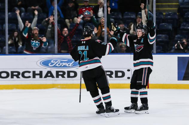 Kelowna Rockets centre Tij Iginla joins in the celebration