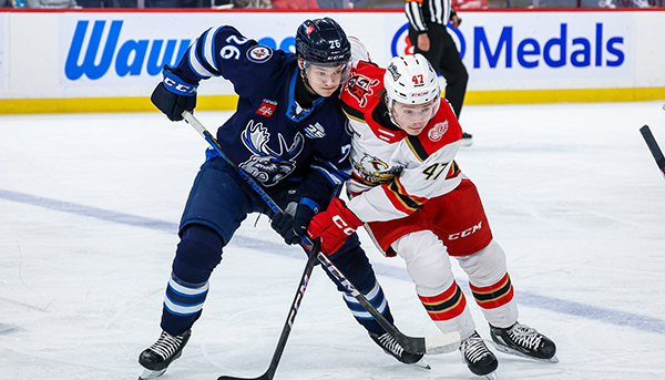 Grand Rapids Griffins left wing Alex Doucet (right) vs. the Manitoba Moose