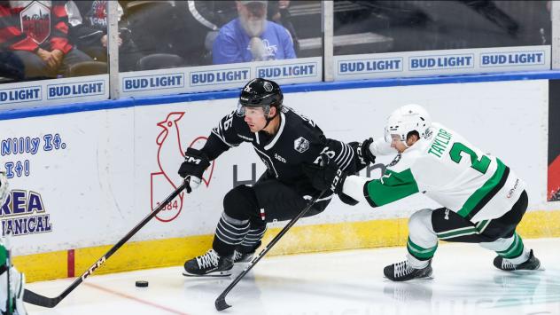 Rockford IceHogs' Connor Mylymok and Texas Stars' Trey Taylor in action