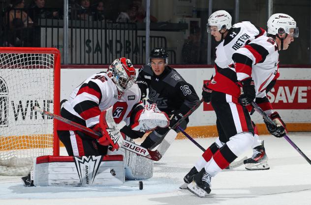 Peterborough Petes left wing Adam Novotný looks for a scoring chance against the Ottawa 67's