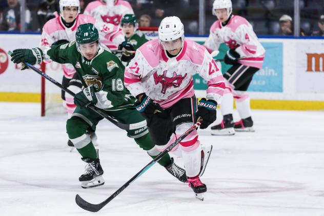 Everett Silvertips' Nolan Chastko battles Kelowna Rockets' Owen Folstrom