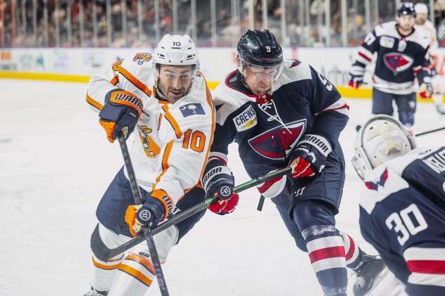 Greenville Swamp Rabbits forward Brent Pedersen (left) vs. the South Carolina Stingrays