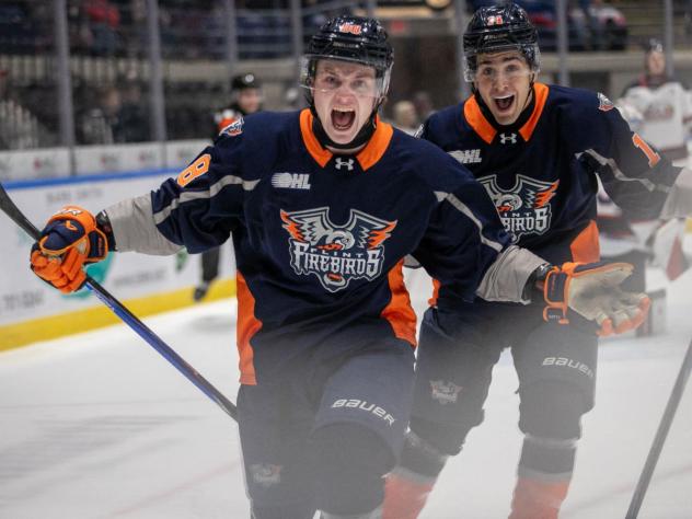 Flint Firebirds left wing Ryland Cunningham reacts after his goal