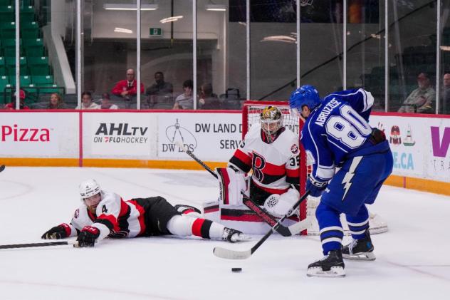 Belleville Senators defenseman Cameron Crotty and goaltender Leevi Meriläinen