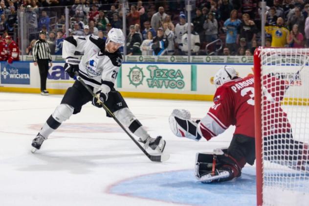 Allen Americans goaltender Jackson Parsons makes a save against the Wichita Thunder