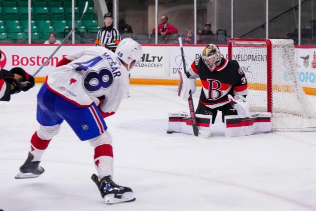 Belleville Senators goaltender Leevi Merilainen smothers a shot