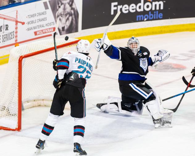 Kelowna Rockets centre Hayden Paupanekis tests the Victoria Royals