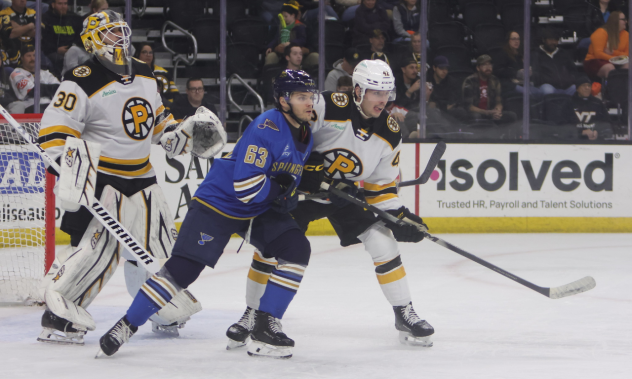 Providence Bruins' Michael DiPietro and Frédéric Brunet and Springfield Thunderbirds' Matthew Peca on game night
