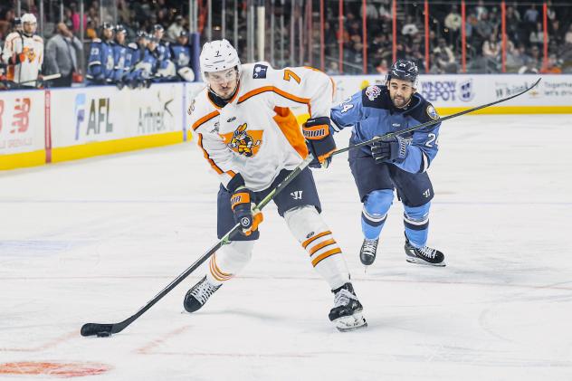 Greenville Swamp Rabbits' Tristan De Jong and Jacksonville Icemen's Taos Jordan in action