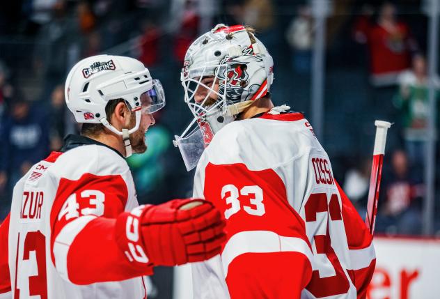 Grand Rapids Griffins' Carter Mazur and Sebastian Cossa