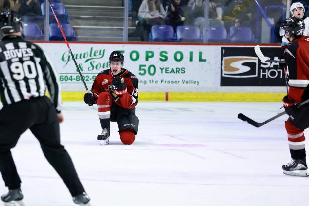 Vancouver Giants left wing Tobias Tomik reacts after his goal