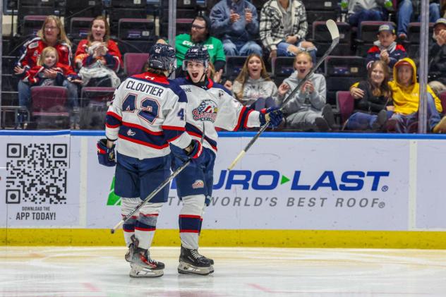 Saginaw Spirit celebrate one of Jacob Cloutier's goals