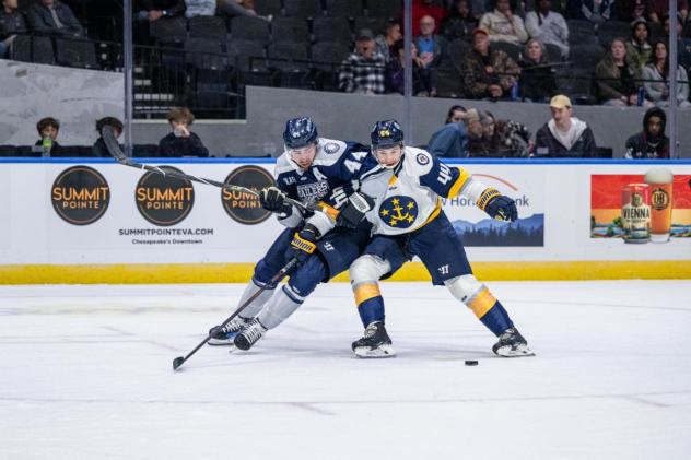 Worcester Railers forward Anthony Callin (left) vs. the Norfolk Admirals