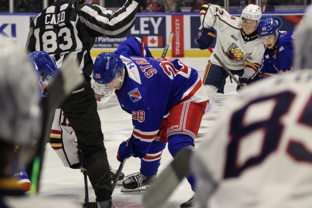 Kitchener Rangers left wing Matheas Stark in the faceoff circle