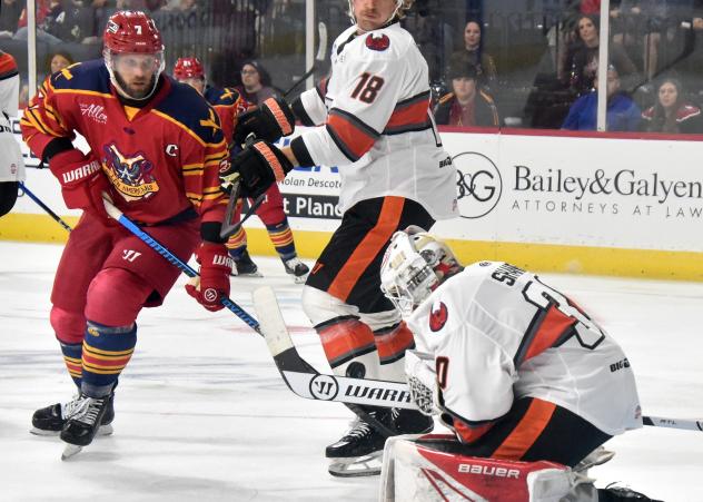 Allen Americans' Colton Hargrove and Kansas City Mavericks' Hudson Wilson and Ian Shane on game night