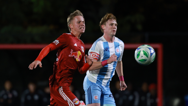 Chicago Fire II battle for the ball vs. New York Red Bulls II