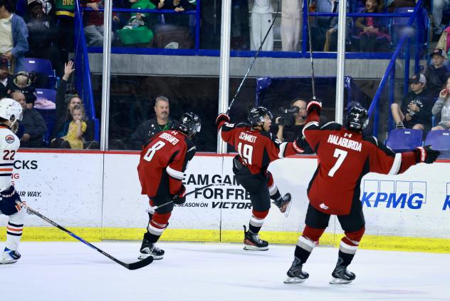 Vancouver Giants right wing Cameron Schmidt celebrates a goal against the Kamloops Blazers