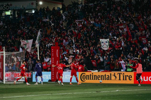 Chicago Fire FC play to the crowd after a goal