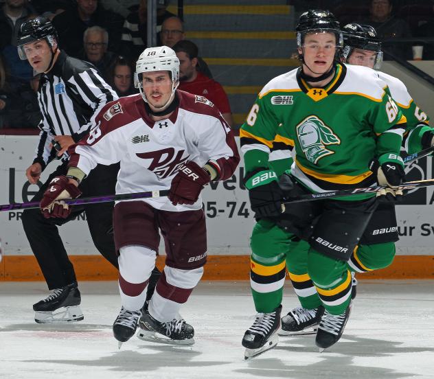 Peterborough Petes right wing Francis Parish (left) vs. the London Knights