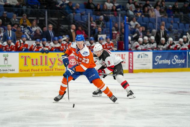 Syracuse Crunch defenseman Maxim Groshev vs. the Utica Comets