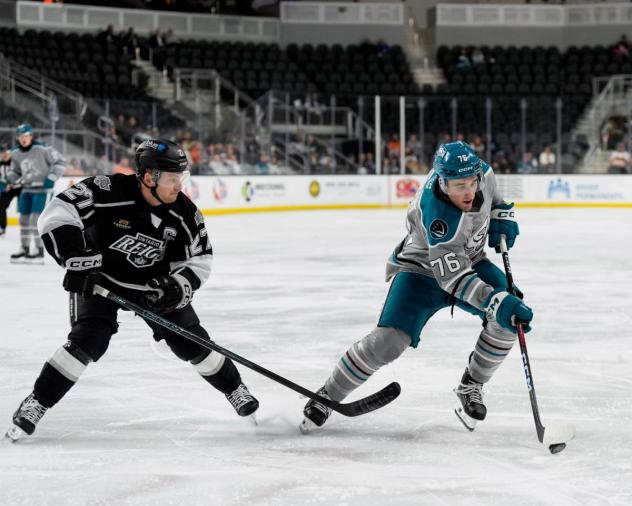 Ontario Reign's Joe Hicketts and San Jose Barracuda's Anthony Vincent in action