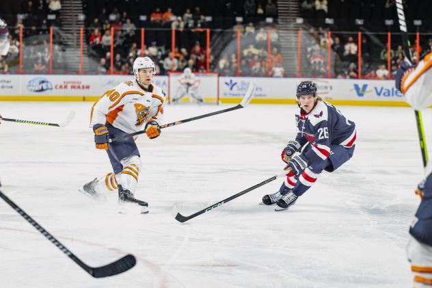 South Carolina Stingrays forward Kaden Bohlsen (right) vs. the Greenville Swamp Rabbits