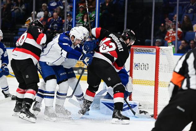 Belleville Senators right wing Xavier Bourgault vs. the Syracuse Crunch