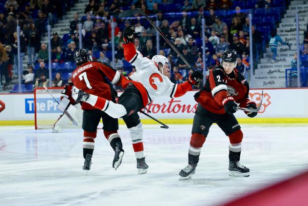 Vancouver Giants right wing Ty Halaburda and defenceman Colton Alain (far right) deliver a blow
