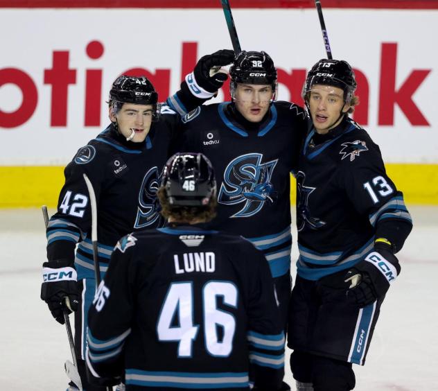San Jose Barracuda gather following a goal