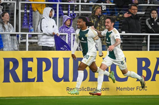 Detroit City FC defender Devon Amoo-Mensah (left) and midfielder Abdoulaye Diop
