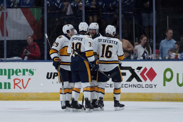 Atlanta Gladiators gather after a goal