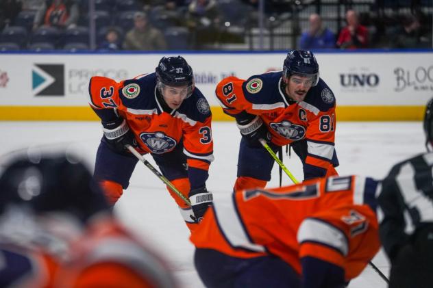 Worcester Railers forwards Matt DeMelis (left) and Anthony Repaci