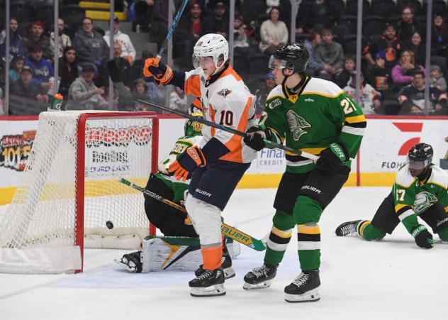 Flint Firebirds forward Jimmy Lombardi scores against the London Knights