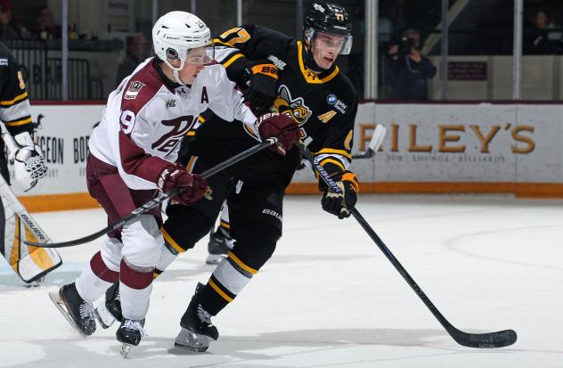 Peterborough Petes centre Braydon McCallum (left) vs. the Sarnia Sting