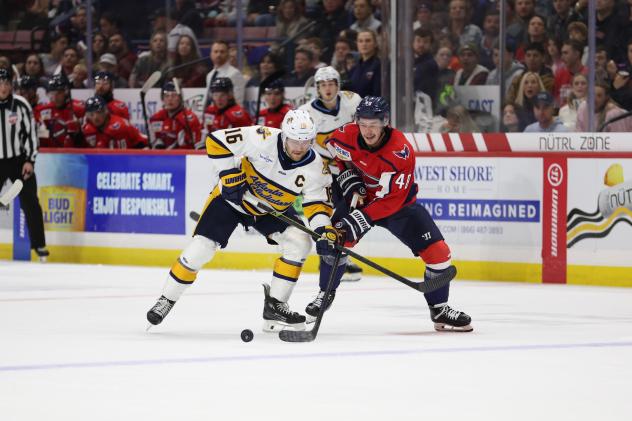 Atlanta Gladiators forward Cody Sylvester (left) vs. the South Carolina Stingrays