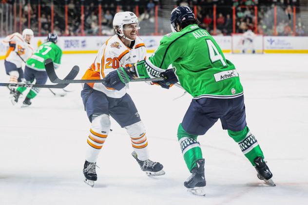 Florida Everblades defenseman Sean Allen (right) vs. the Greenville Swamp Rabbits