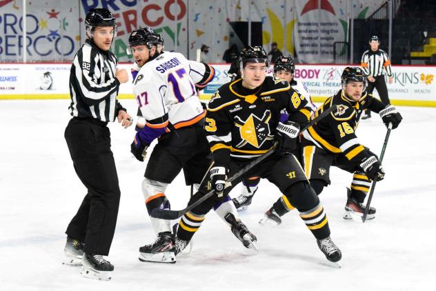 Wheeling Nailers forward Brayden Edwards looks for the puck