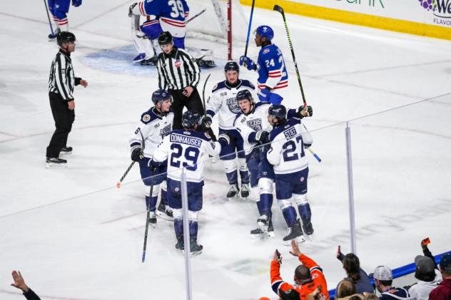 Worcester Railers gather following a goal