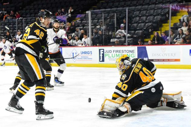 Wheeling Nailers goaltender Maxim Pavlenko stops a Reading Royals shot
