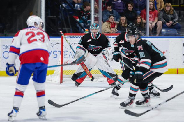 Kelowna Rockets goaltender Harrison Boettiger stands tall