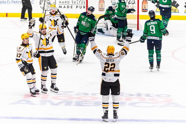 Wheeling Nailers forward Matthew Quercia reacts after a goal against the Maine Mariners