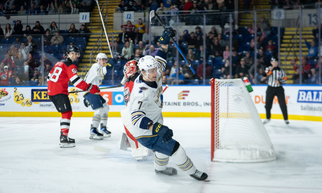 Springfield Thunderbirds defenseman Leo Lööf reacts after his goal