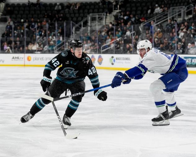 San Jose Barracuda's Luca Cagnoni versus Abbotsford Canucks' Vilmer Alriksson